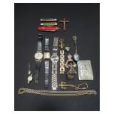 Group of wristwatches, spoons, pocket knives, etc