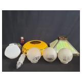 Group of metal and glass lampshades