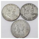 3 Franklin silver half dollar coins