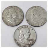 3 Franklin silver half dollar coins