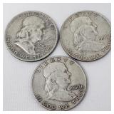 3 Franklin silver half dollar coins