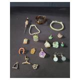Group of costume jewelry amethyst pendant, green