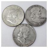 3 Franklin silver half dollar coins