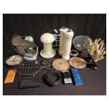 Box of misc general electric fan, marble vase,