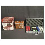 Group of bingo game set, poker chips and flask