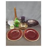 Group of colored glass bowls, plates, pitcher a