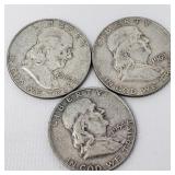 3 Franklin silver half dollar coins