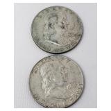 2 Franklin silver half dollar coins