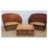 3-piece vintage wood and leather barrel back
