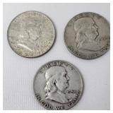 3 Franklin silver half dollar coins