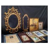 Tub of miscellaneous wooden mirrors, and pictures