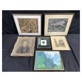 Group of framed art oil, watercolor, charcoal,