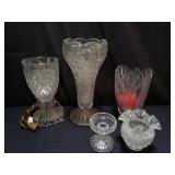 Group of crystal vase, candle holder, and lamp