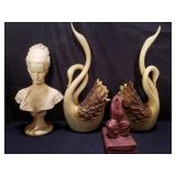 Group of composite, and plaster swans, etc