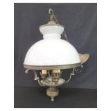 Vintage brass hanging light fixture with milk