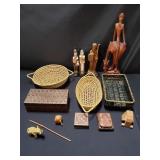 Group of carved wood figurines, trinket box, and