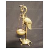 Vintage brass crane and turtle oil lamp