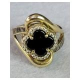 14k gold ring with onyx and clear glass stones