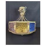 Vintage stained glass and brass swag lamp