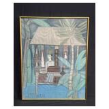 Framed signed watercolor on fabric