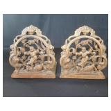 Vintage carved wood and brass bookends