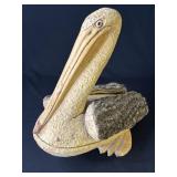 Signed carved wood pelican sculpture