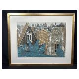 Framed pencil signed woodblock print titled