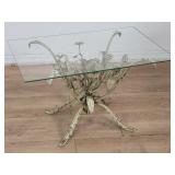 Vintage metal floral side table with glass top