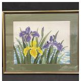 Framed Japanese hand-embroidered iris textile art