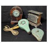 Group of vintage toaster, hair dryer, and clock