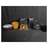 Box of bowls, mantel clock, etc