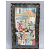 Framed gouache on fabric Mughal-style painting