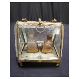 Antique brass and glass box with 2 perfume bottles
