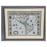 Framed hand colored etching map of South America