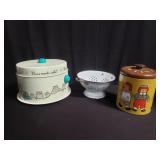 Box of Cloche, strainer, cookie jar