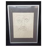 Framed signed pen on paper fine line drawing