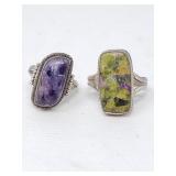 Sterling silver rings one charoite stone, one