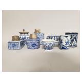 Group of blue and white ceramic and porcelain
