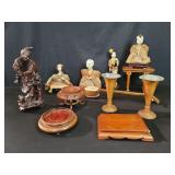 Box of miscellaneous Japanese dolls, walnut vase