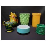 Group of pottery vase, pitcher, and bowl