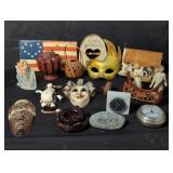 Box of misc. clock, trinket box, mask, vase,