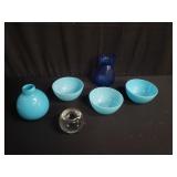 Hand blown glass bowls, vase, candleholder