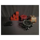 Box of Asian wood vase stands, trinket chest
