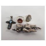 Sterling silver leaf brooch,  cross pendant with