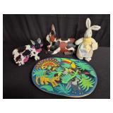 Group of hand painted animal figurines and plate