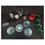 Group of glass pitcher, vases, plates