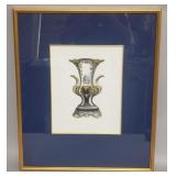 Framed hand colored etching on paper