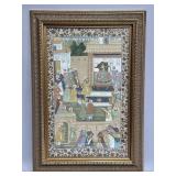 Framed gouache on fabric of a Mughal court scene