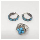 Sterling silver turquoise ring and hoop earrings