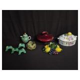 Group of pottery and porcelain tureen, candle